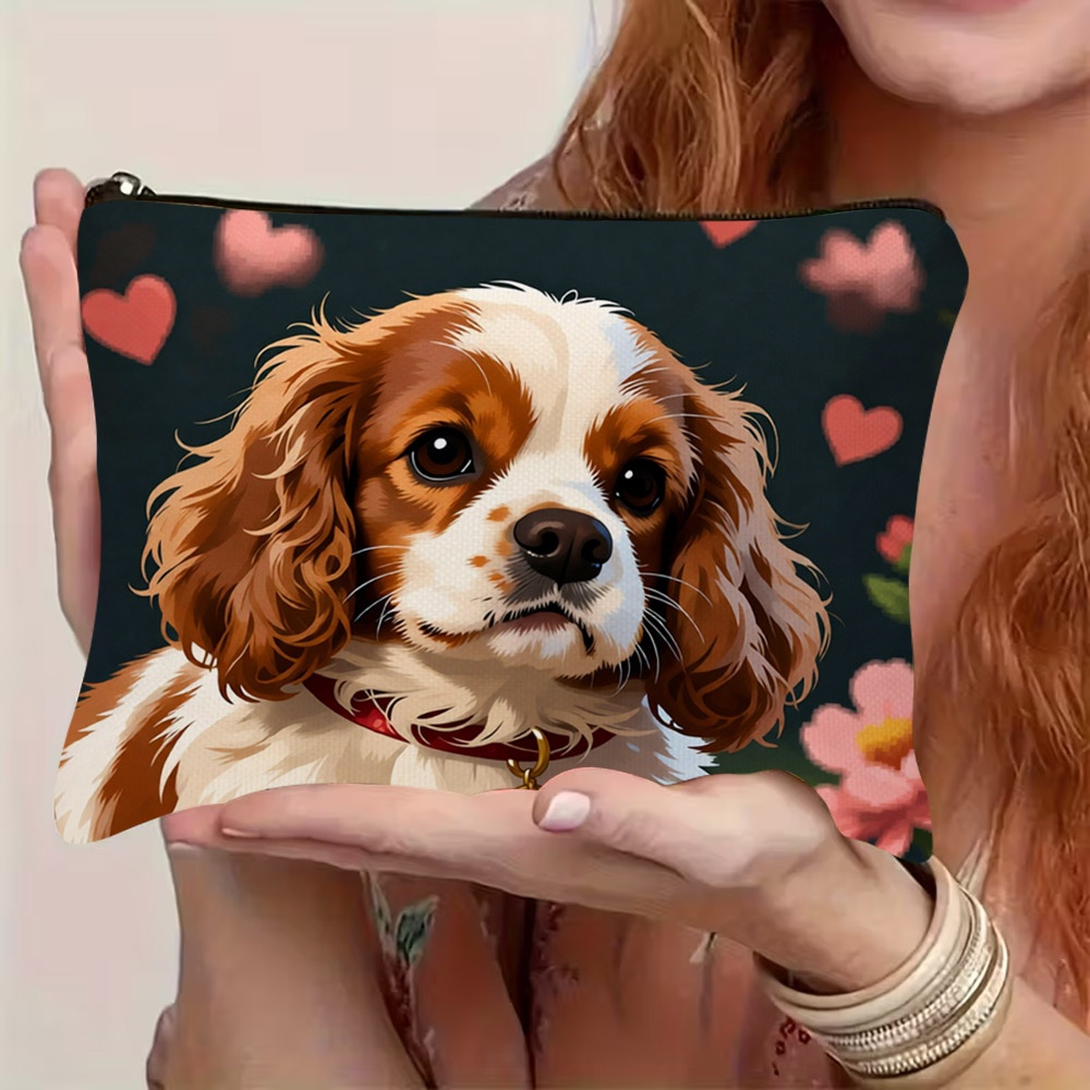 TEMU 1pc 2d Flat Printed Cute King Charles Spaniel Cosmetic Bag With Zipper Closure, Lightweight And Durable Pouch With Adorable Coat Dog, & Rose