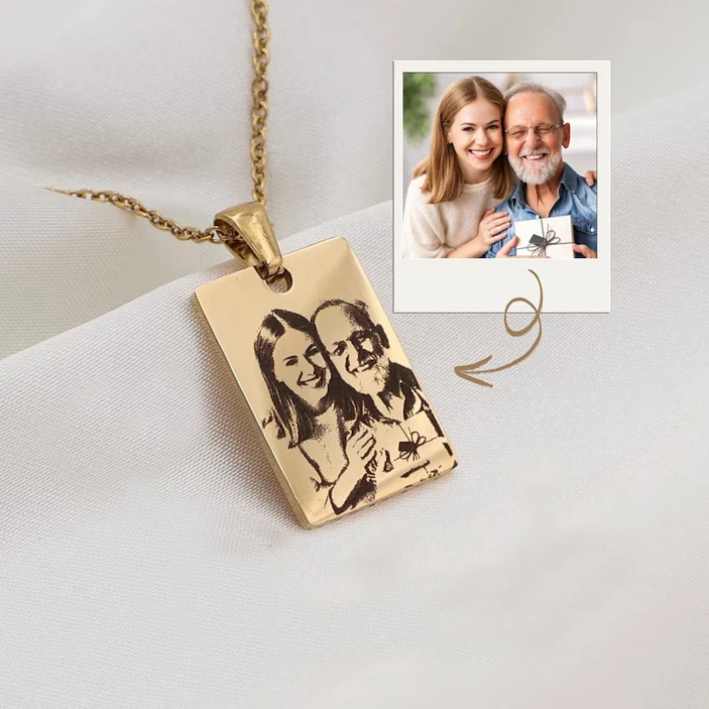 TEMU A Custom Engraved Rectangular Photo Necklace - Featuring A Stylish Square Pendant Design Elegant And Exquisite, With Clasp Style. This Unique