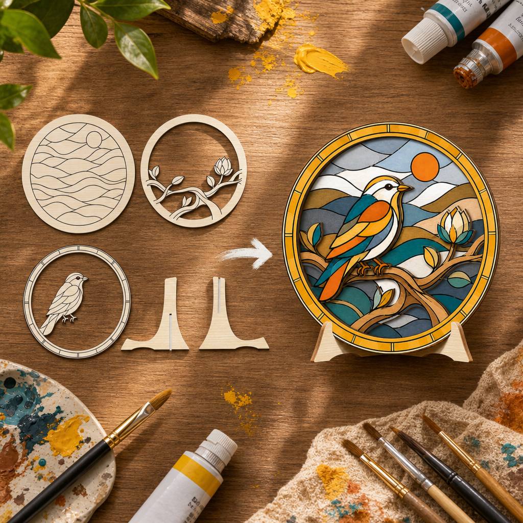 TEMU Peinture d'art à colorier 2D à plat, paysage d'oiseaux en bois, décoration laser , ornement de bureau pour enfants