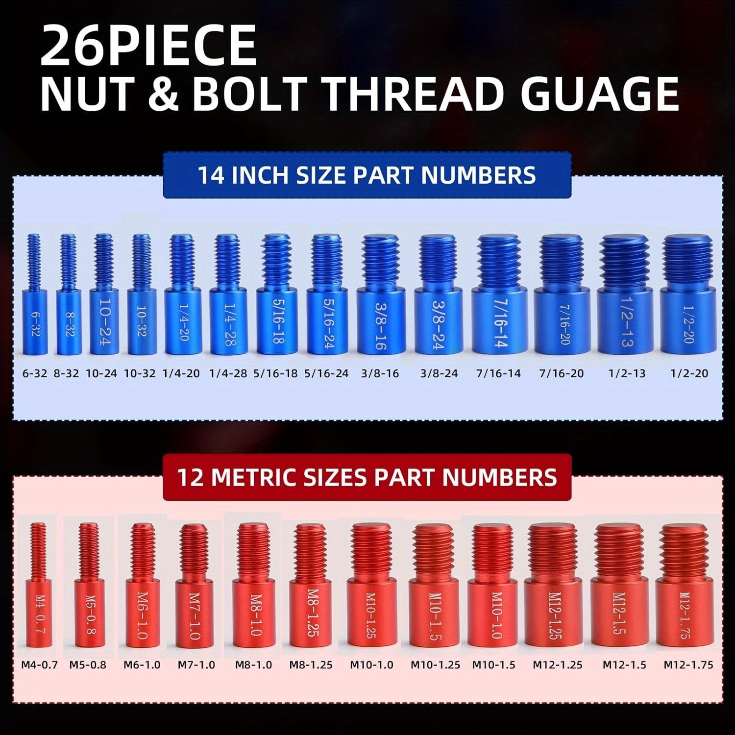 Juego de 26 piezas para verificar el hilo de tornillos y tuercas - Identificación precisa de tamaños SAE y métricos, medidor de identificación de tornillos y tuercas, kit esencial de hardware para mejoras del hogar para entusiastas y profesionales DIY, caja de aluminio