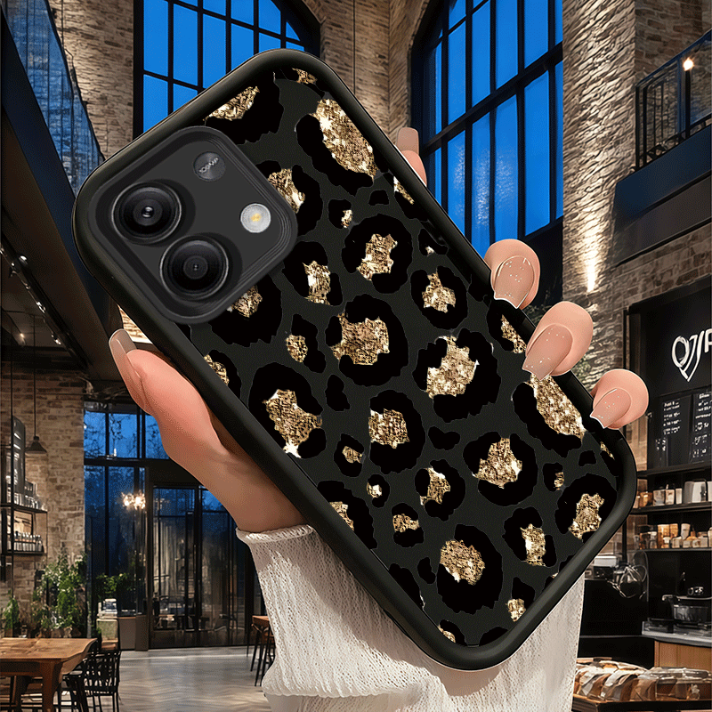 TEMU Phone Case: Leopard Print Black And Golden Pattern Fashionable Shockproof Anti-fingerprint Full Coverage Thick Protective Soft Case Compatible