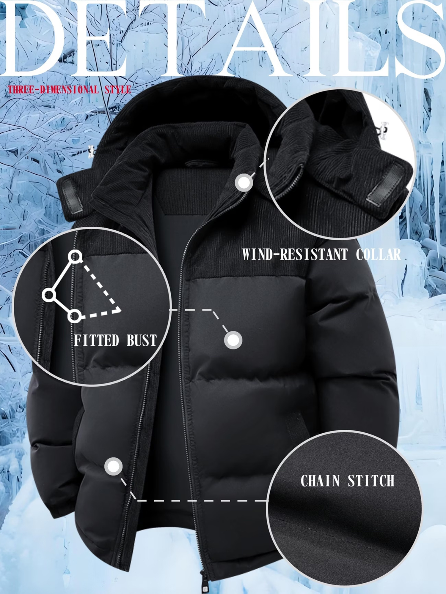 Men's Winter Hooded Corduroy Jacket with Mountain Pattern Print