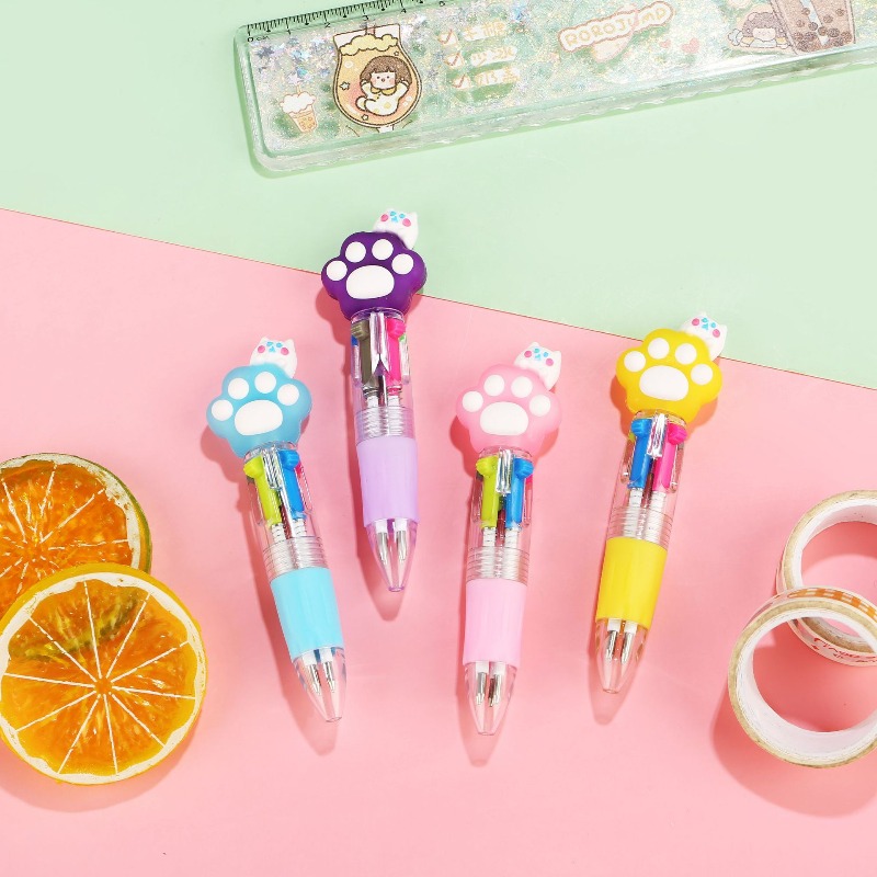 TEMU 10pcs Random Cute Ballpoint Pens, 4-color Retractable Pens With Cartoon Cat Paw Decorative Topper, Student Stationery, Mini Portable, For Daily