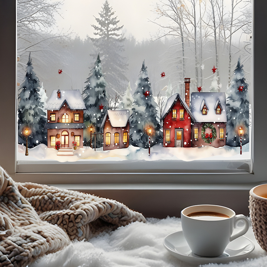 TEMU Adesivo per finestra 2D piatto, 1 pz, adesivo invernale 2D piatto con finestra di ad , natalizio con casa innevata, pino, , lampione e vetro,
