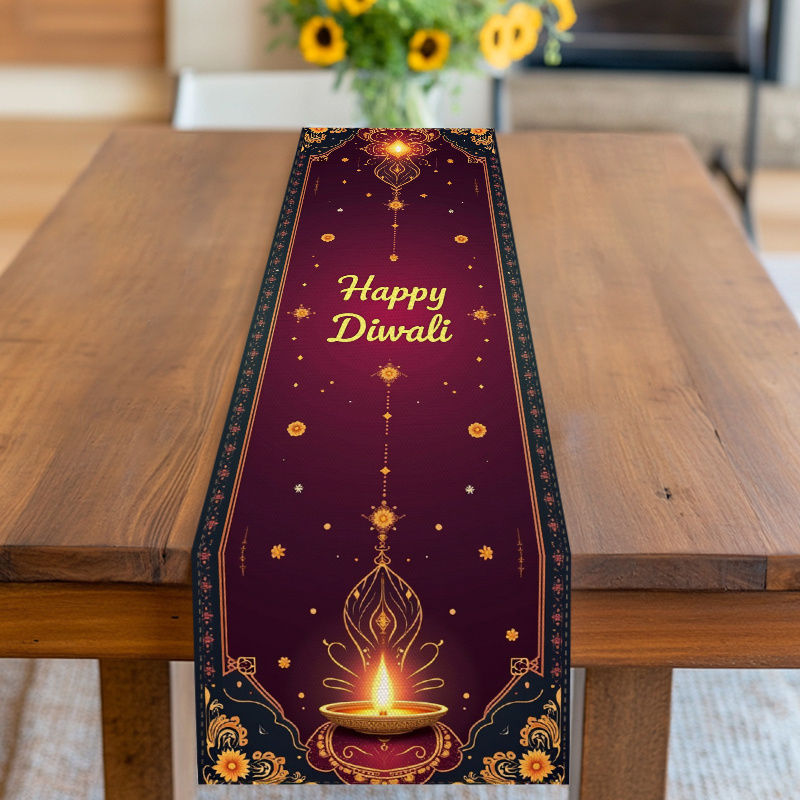 TEMU 1pc Diwali Table Runner - Illuminated Diyas & Floral Polyester Fabric, & Golden Festive Decor For Home Kitchen Restaurant Office Tea Table, Of