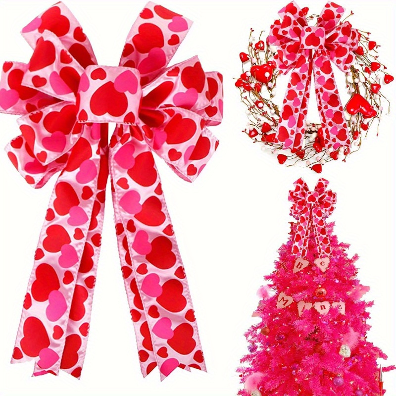 

1pc, Valentine Tree Topper Bow With Heart Decorations, Large Valentines Wreath Bow Decor For Valentine's Day Wedding Holiday Party Wall Door Decorative