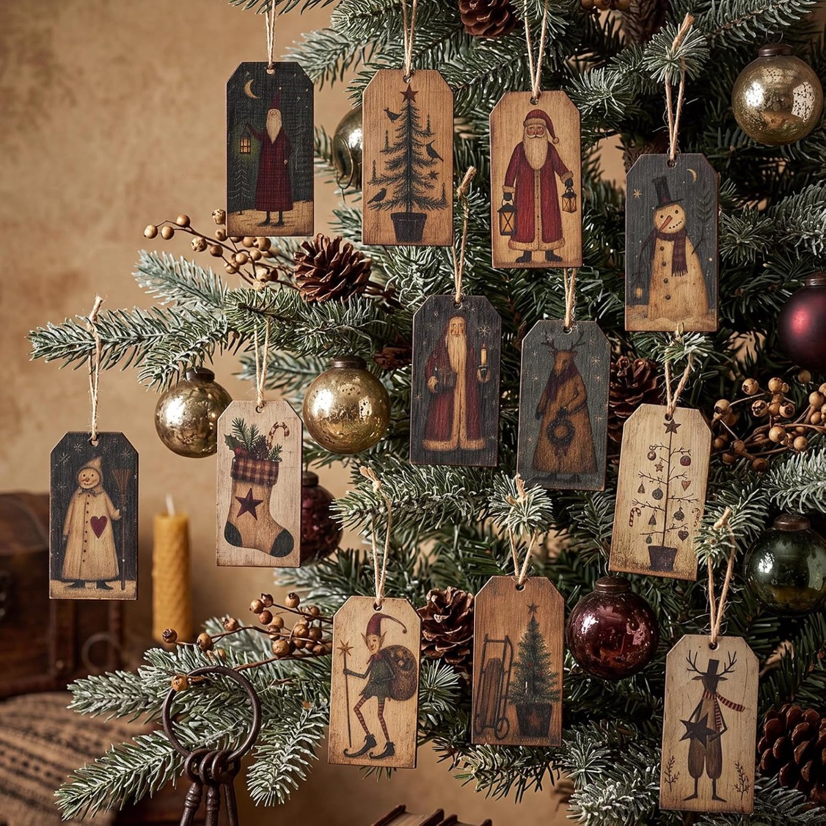 TEMU 12pcs Rustic Christmas Snowman Ornaments Farmhouse Ornaments For Tree Natural Wooden Label Hanging Decorations For Home Office Fireplace Wreath