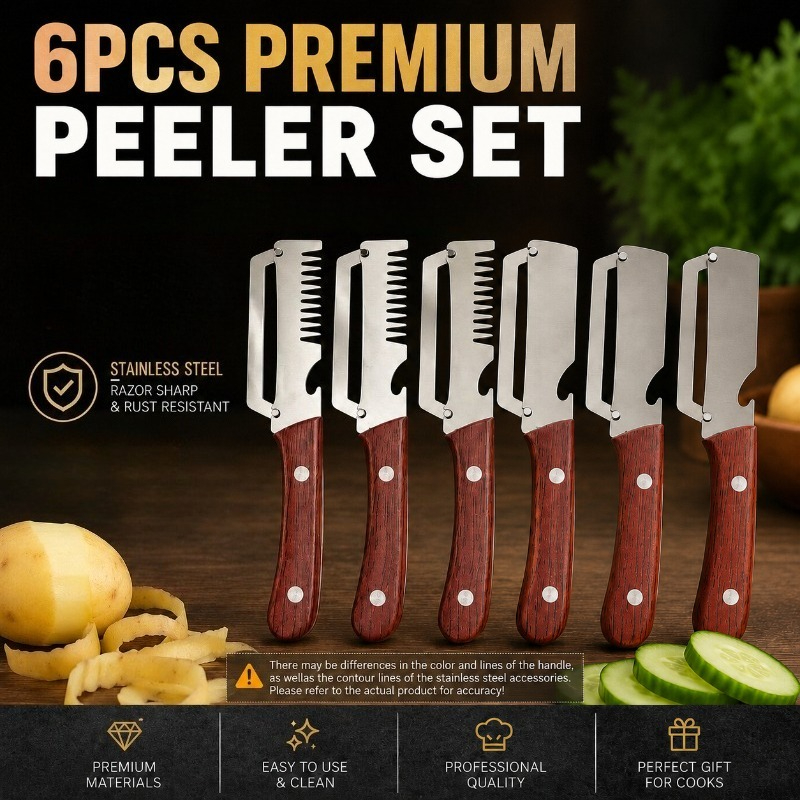 TEMU Premium Heavy-duty Steel Multi-functional Peeling Knife 6pcs Set: 3 Serrated Julienne   3 Straight Blade Peeling Knives | Ergonomic Wood-grain