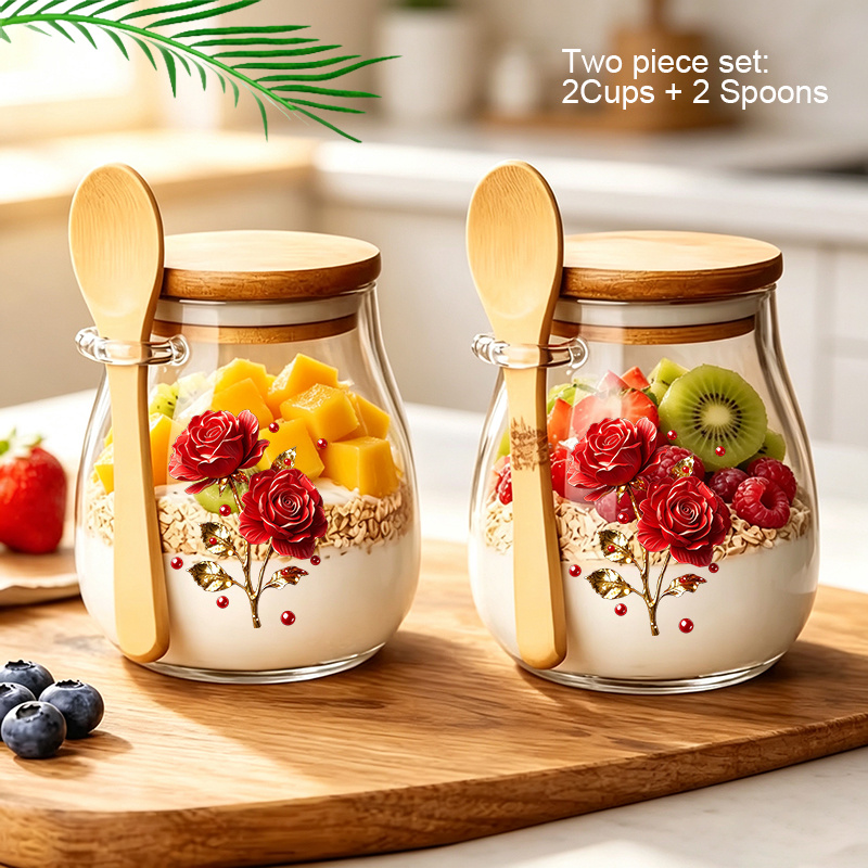 TEMU 4-pack (2 Cups And 2 Spoons) Of 12 Oz Airtight Glass Oatmeal Cups With Delicate Printed Design. Meal With Lid, Spoon, Cool Drink Container,