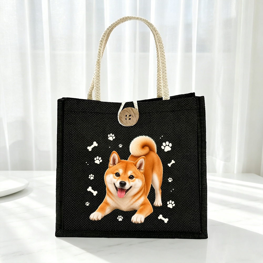 TEMU 柴犬トートバッグ、かわいい犬の足跡柄 風 ブラックジュートハンドバッグ、丈夫なロープハンドル ショッピングバッグ、犬好きや女性への普段使いのギフト