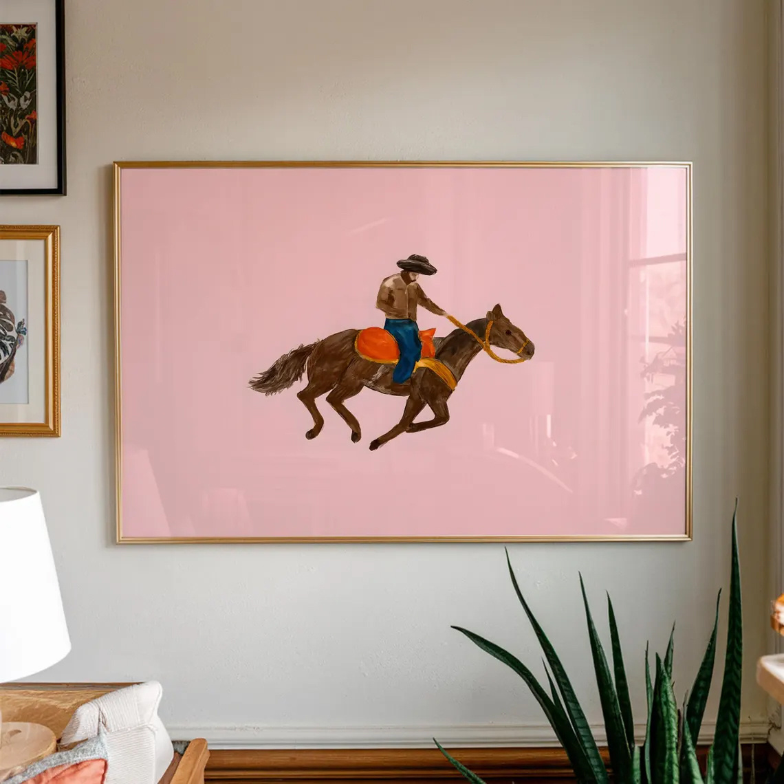 TEMU 2d Flat, 2d Flat, 1pc, Wall Art, Vintage Posters, Modern Cowboy Wall Art Print, Western Horse Rider Illustration, Pink Background Poster,