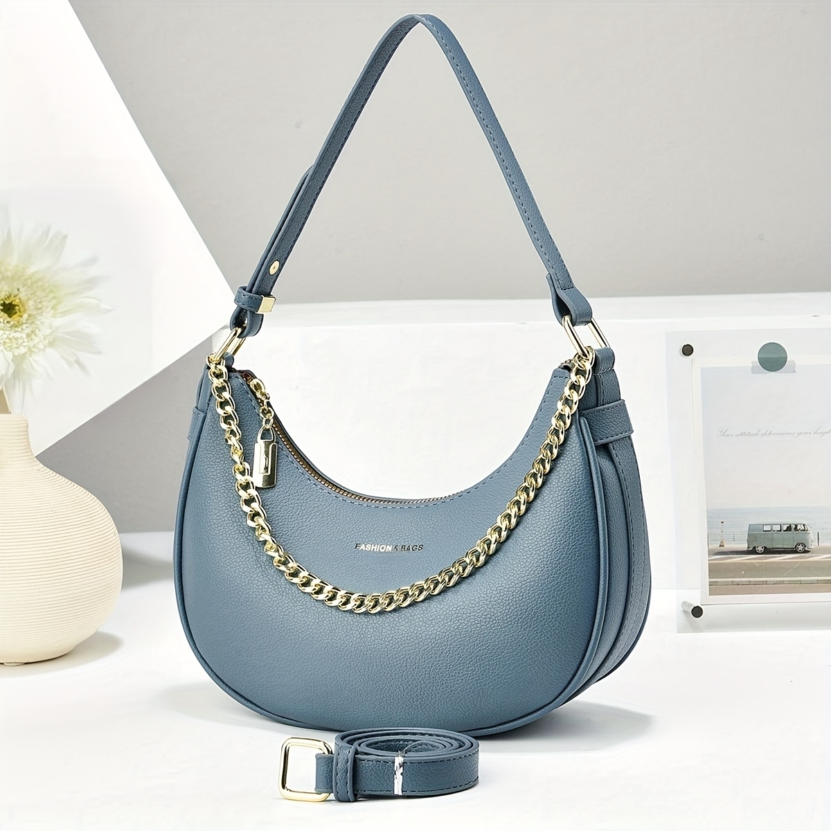 Genuine Top-grain Crescent Handbag With Adjustable Strap & Chain Trim - Zipper Closure Suitable For Work, Travel, Dinner Parties, Small For Work , Daily Use, Versatile Carry, Headword