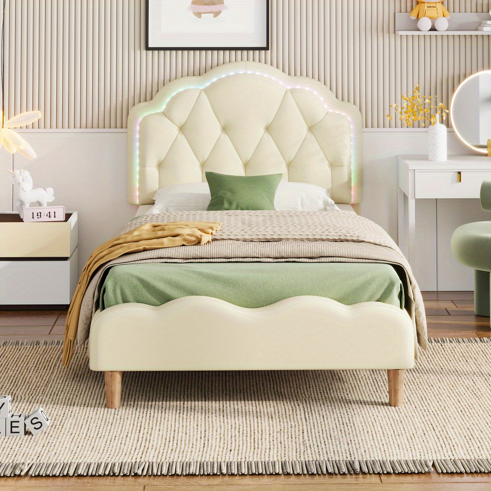 TEMU Modern Upholstered Single Bed Frame With Wavy Headboard & Slatted Base - Assembly, Non-wood Bed Suitable For Small Spaces, Rooms, Guest Rooms,