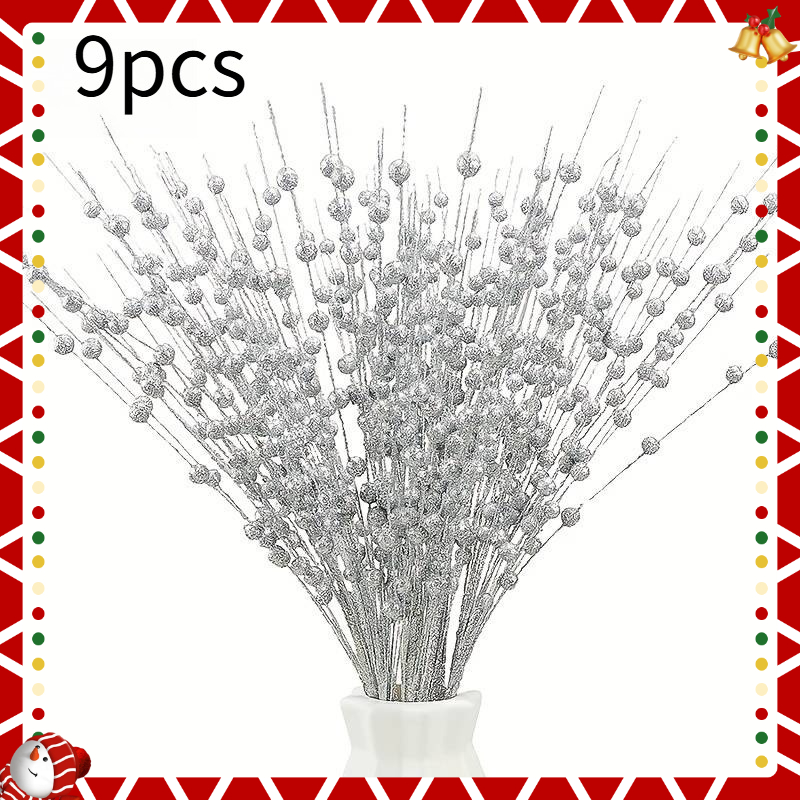 TEMU 9pcs Set Glitter Fruit Stem Shiny Bead Stick Branches, Christmas Tree Small Vase Celebration Wedding Party Decoration, Artificial Holiday