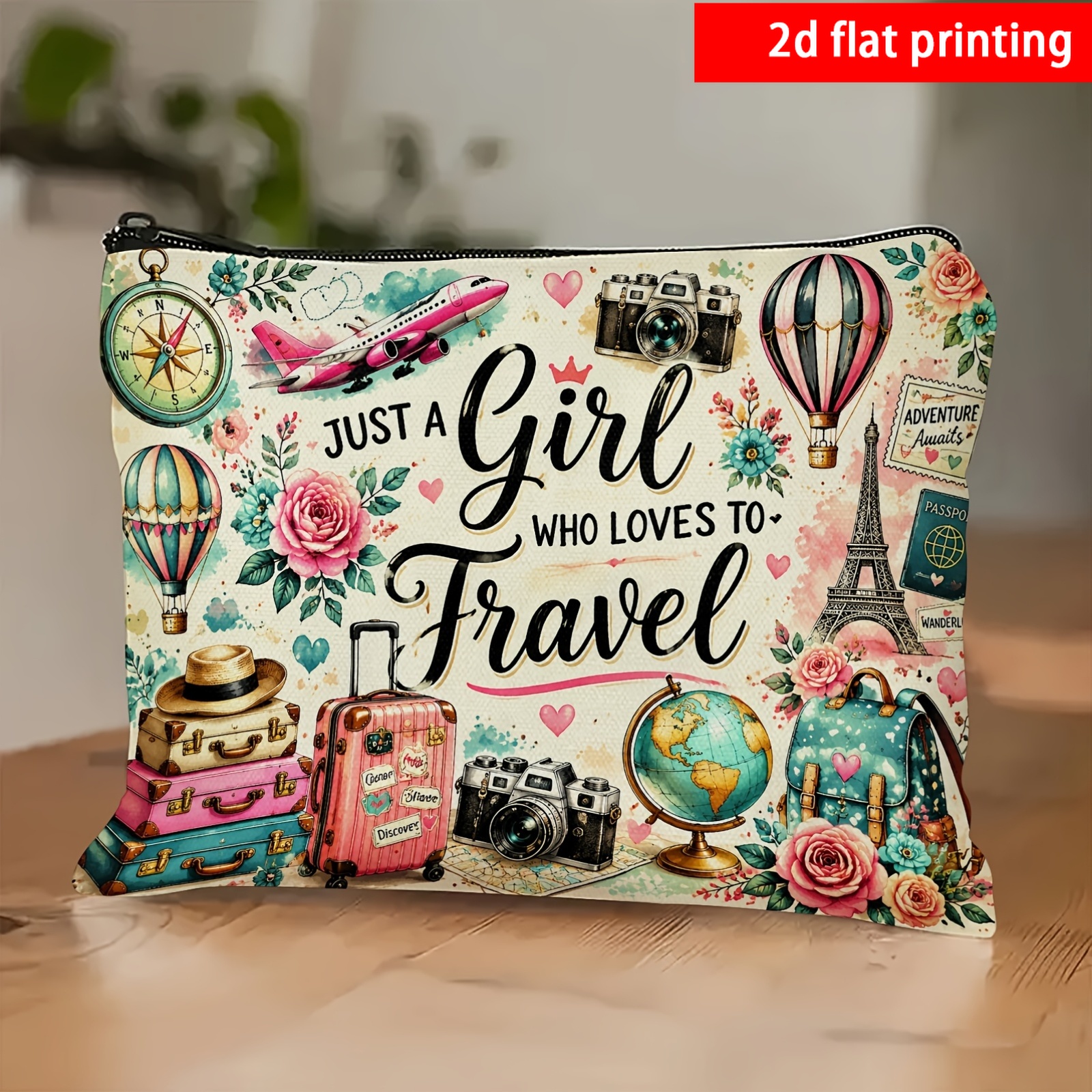 TEMU Borsa da toilette da viaggio adatta per riporre cosmetici e articoli da toeletta, stampa mondo ad con e valigia, chiusura a cerniera compatta,