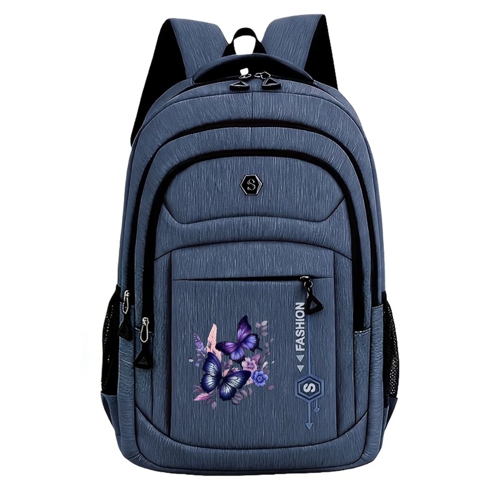 TEMU Purple-blue Gradient And Floral Large-capacity Business Travel Backpack With Laptop Compartment, Simple And , Lightweight And Spacious, Daily