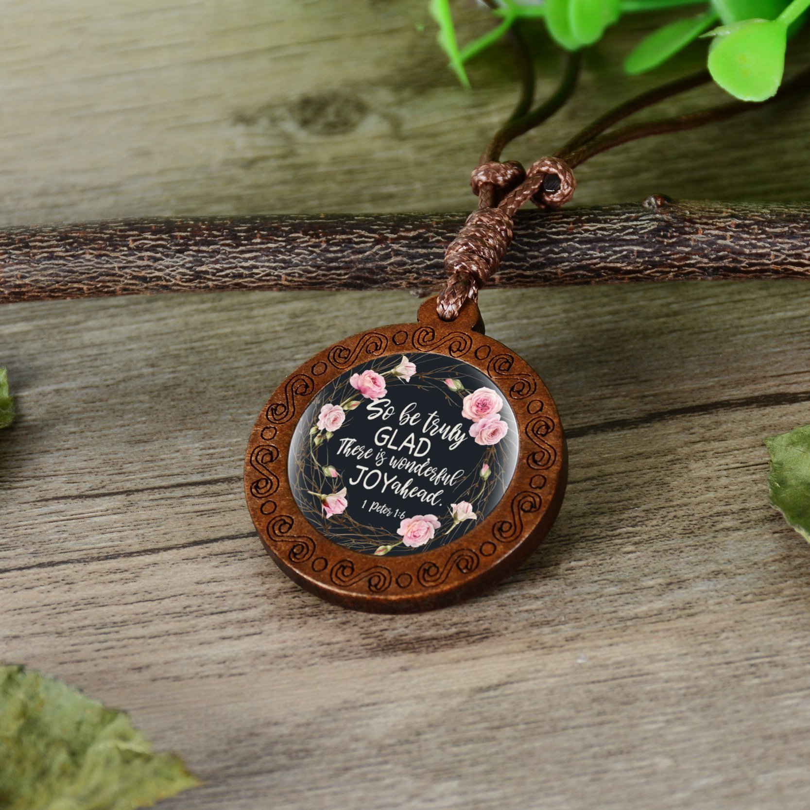 Inspirational Bible Verse Wood Glass Cabochon Necklace
