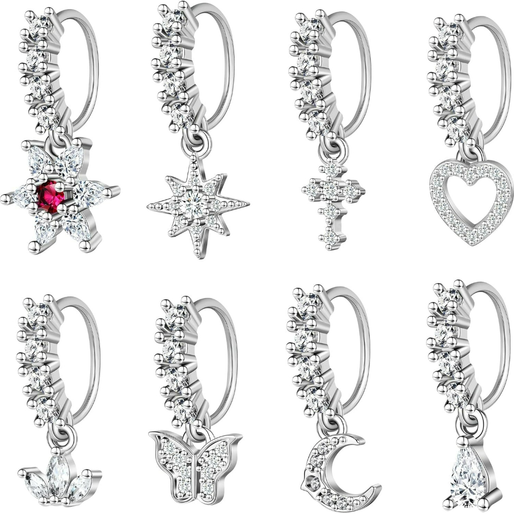 TEMU Local Warehouse 8pcs Silvery Tone Dangle Nose Hoops - Moon Star Heart Cross Charms - Cz Piercing Kit - Body Jewelry Gifts For Her