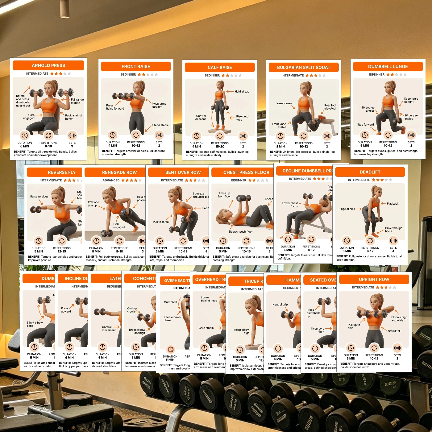TEMU 21 Dumbbell Training Exercise Guide Card Set - Beginner & Tutorials, Including Classic Exercises Such As Presses, Deadlifts, Lateral Raises,