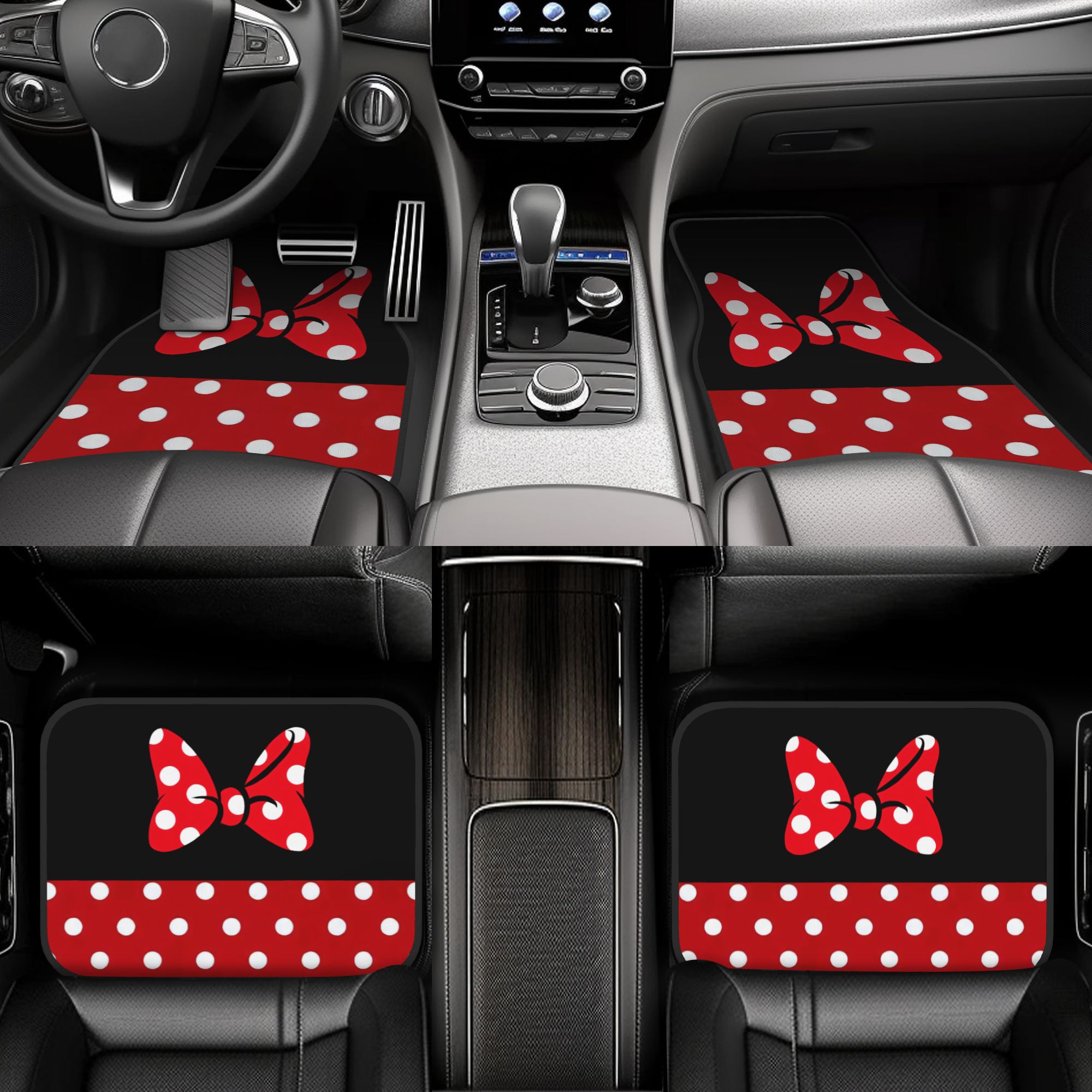TEMU 2d Flat Polka Dot Bow Car Floor Mat 4pcs Set, Exquisite Bow Pattern Vehicle Floor Mat Elegant Decoration Mat For Girls Car, 2d Flat