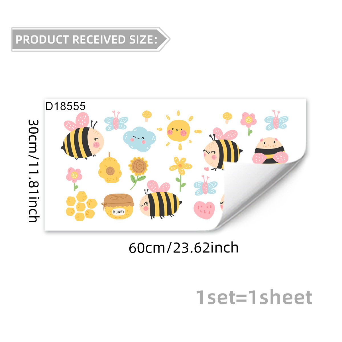 E-shop 2D-flach, eine 30*60cm kleine Biene, weiße Wolke, Sonnenblume Schmetterling 2D-flacher statisch haftender Fensteraufkleber, Fensterdekoration,