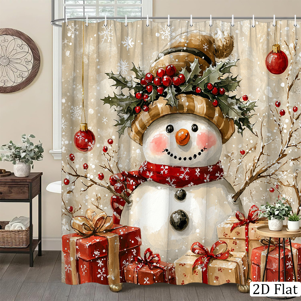 TEMU 1pc Christmas Snowman Shower Curtain Polyester Fabric Bathroom Curtain With 12 Hooks, X Inches, Featuring Festive Design Of Snowman, Gifts, And