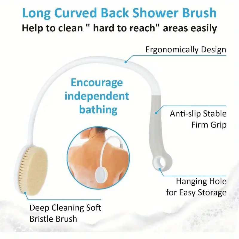 2pcs back shower brush set including 1 long handle u shaped brush 1 straight handle brush ergonomic anti slip handle suitable for daily home bathing Product details 2