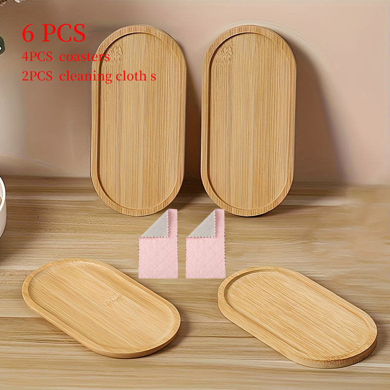Image of 6pcs Set: 4 Bamboo Trays And 2 Cleaning Cloths, Stackable Oval Bamboo Wood Storage Trays, 3-layer Design For Bathroom, Kitchen And Dining Table, Space- Decor Display Trays (not For Food Contact)
