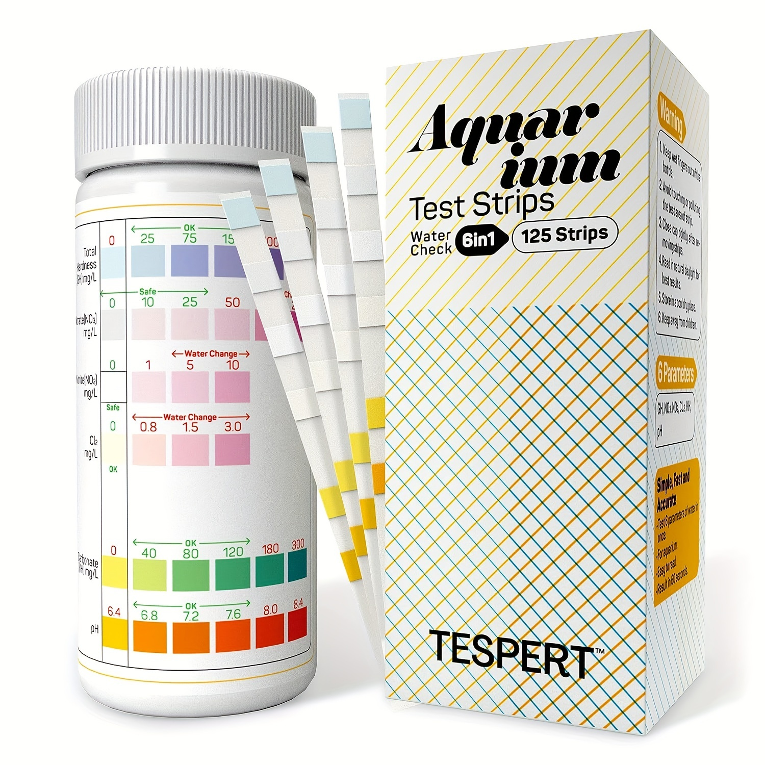 6-in-1 Aquarium Test Strips Kit, 125 Count - Ideal For Fish Tanks, Freshwater & , Measures Total Hardness, Nitrate, Nitrite, Chlorine, & Ph