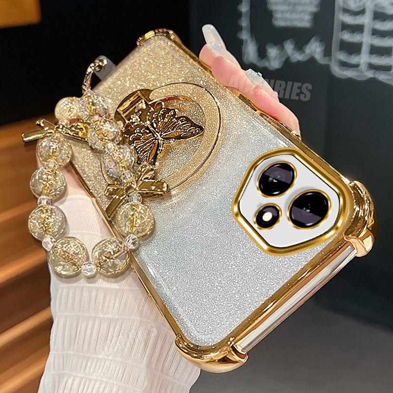 TEMU Étui téléphone : pour Honor400 Support pliant de luxe pailleté papillon avec cordon , dragonne, chaîne et étui téléphone plaqué dégradé pour