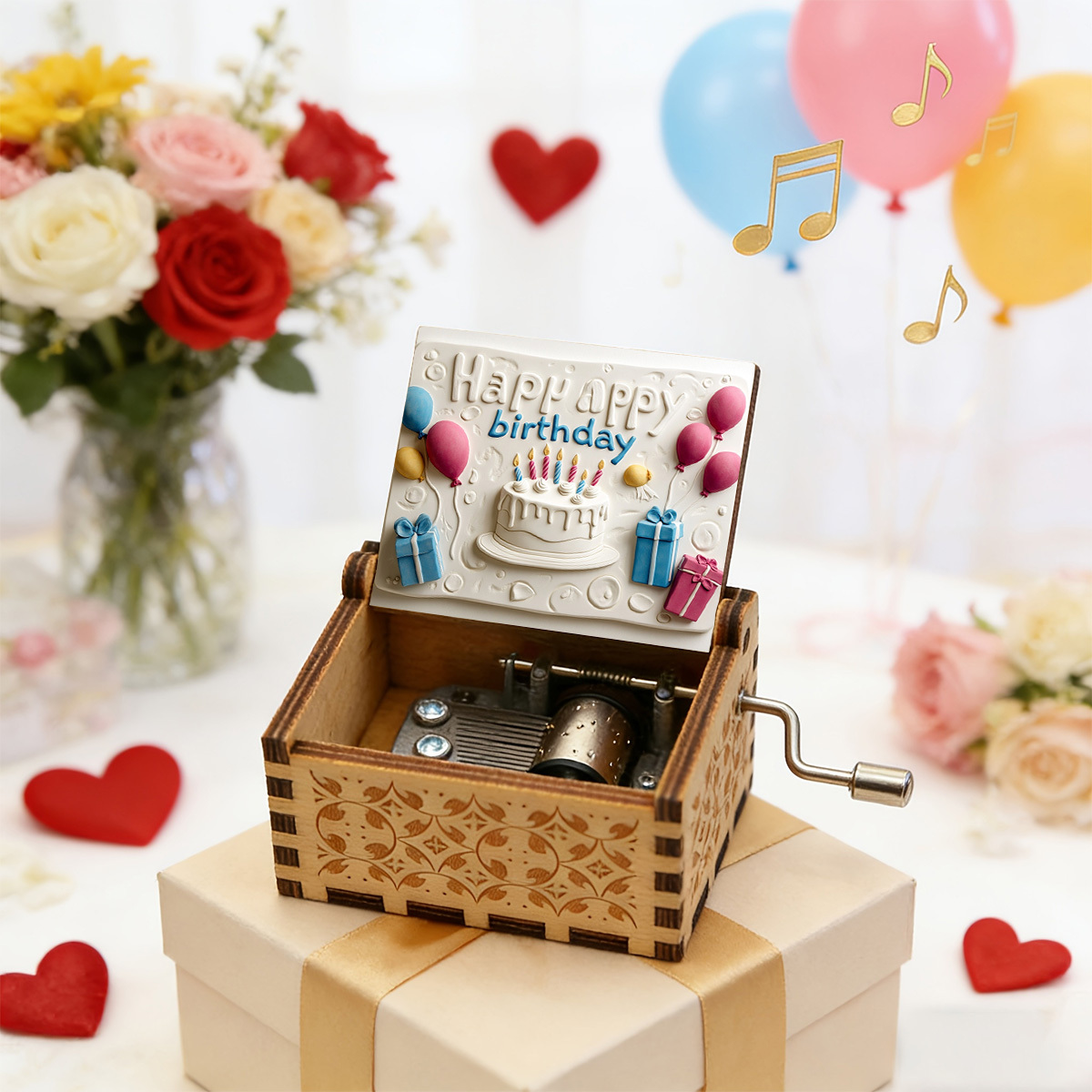 TEMU 1 Boîte à Musique en Bois pour Anniversaires avec Gâteau et Ballon, Son à , Ornement de Décoration Intérieure, un Cadeau pour Anniversaires