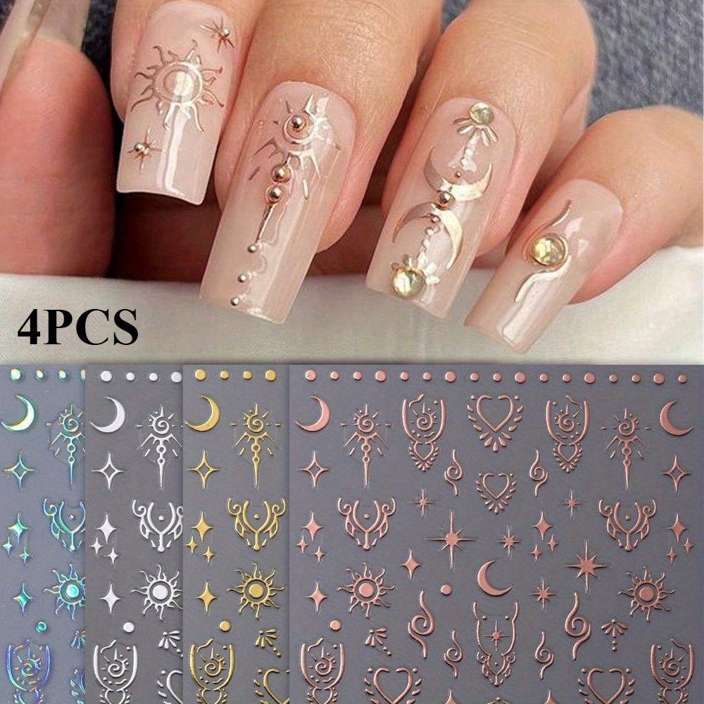 4pcs Retro Moon Nail Art Sticker Hot Stamping Bohemian Style Pattern Self-adhesive Slider Nail Art Decoration