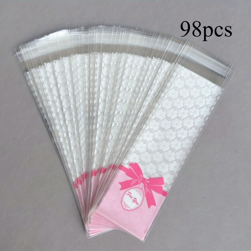 TEMU 98pcs Set: 2.36' X 9.06' Long Plastic Opp Packaging Bags - Self-adhesive Pouches With White Floral And Bowknot Design
