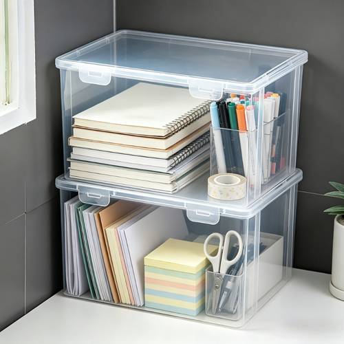 item picture 2pcs clear storage box stackable desk organizer for stationery home and office supplies
