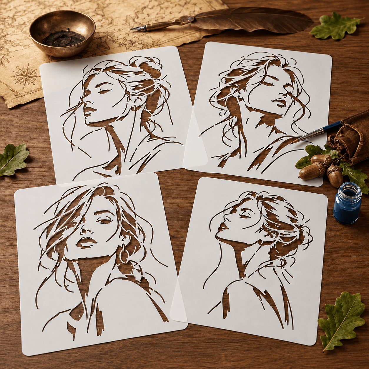 TEMU 4pcs Kzz Large Reusable Female Face Stencils Suitable For Canvas, Fabric, Tote Bags, Pillows & Diy Crafts - Large Abstract Line Art Templates