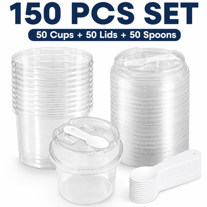 TEMU Lot de 150 pièces : 50 gobelets + 50 couvercles + 50 cuillères. Gobelets à dessert transparents de 150 ml/5 oz avec couvercles et cuillères,