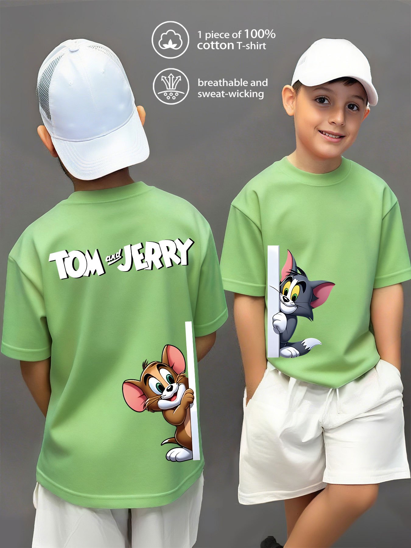 100% Pure Knitted Short-Sleeve T-Shirt, Breathable And Sweat-Absorbing, a Casual And Versatile Round-Neck Short-Sleeve Top for Boys, Featuring a Cute TOM And JERRY Cartoon Print, Machine Washable - Available in 10 Options, Sweat-Resistant