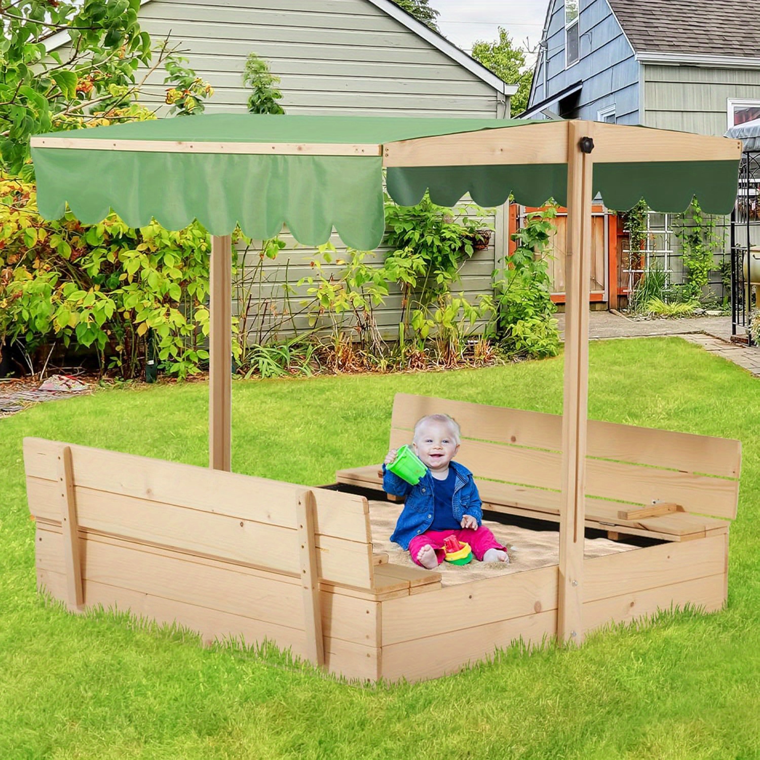 Sandbox with Lid, Kids Sandbox with Cover Outdoor, Wooden Sand Box with 2 Foldable Bench Seats, Adjustable UV-Resistant Roof & Bottom Liner, Sand Box for Kids Ages 2-8, Perfect for Backyard, Beach