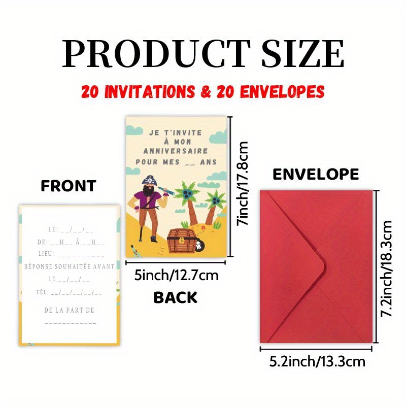 TEMU Invitations Lettre 20 Cartes et 20 Enveloppes, Fête Pirate Française - Carte d'Anniversaire Parfait pour Amis de Classe Réunions & Décorations