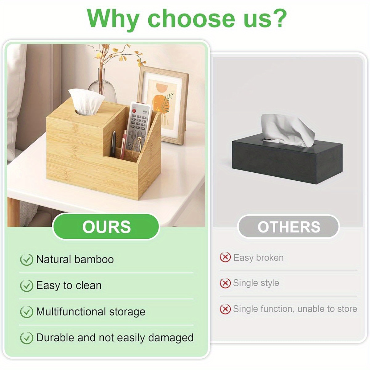 bamboo square tissue box cover a multifunctional organizer for your nightstand   storing tissues in   bathroom or office it features compartments for holding ipads phones and remote controls natural Product details 4