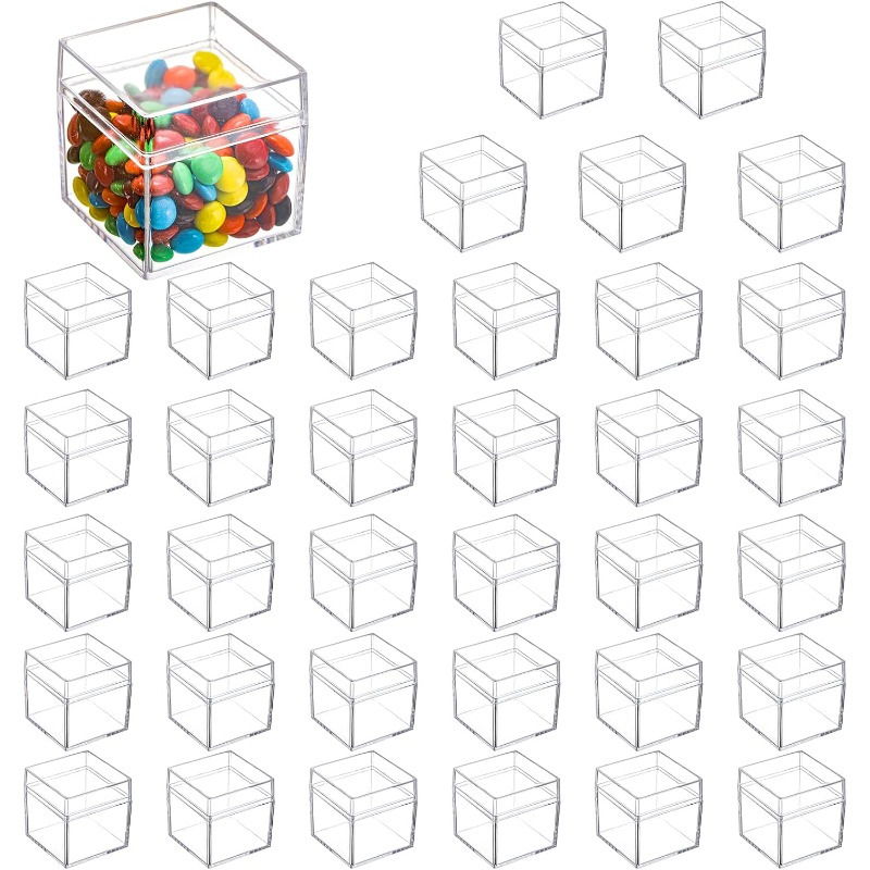 

24pcs Small Clear Square Cube Boxes With , White Plastic Storage Containers For Cosmetics, Makeup, Jewelry, Party Favors