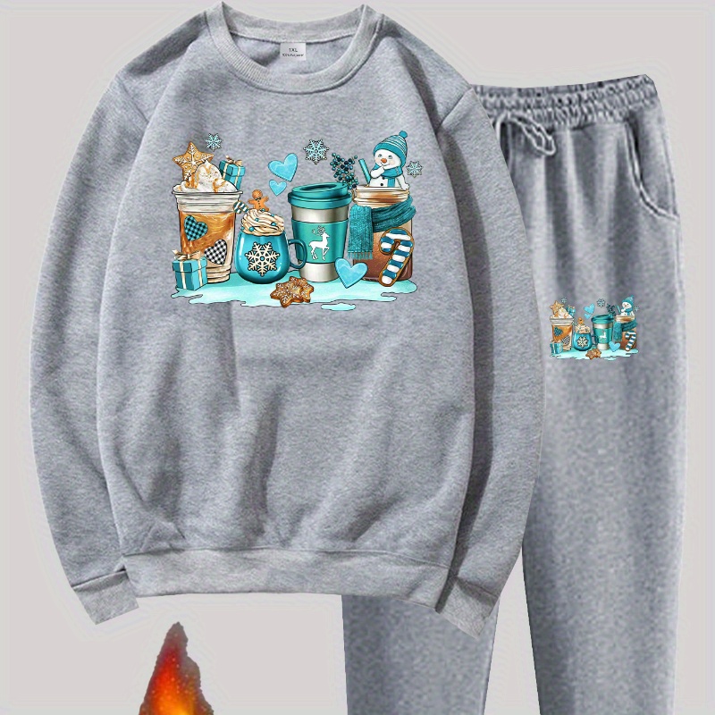 

Women's Plus Size Christmas Sweatshirt And Pants Set, Cozy Knit Fabric, , And Snowman Print, Polyester, Stretchy, Home Loungewear For Adults, Autumn/winter Season