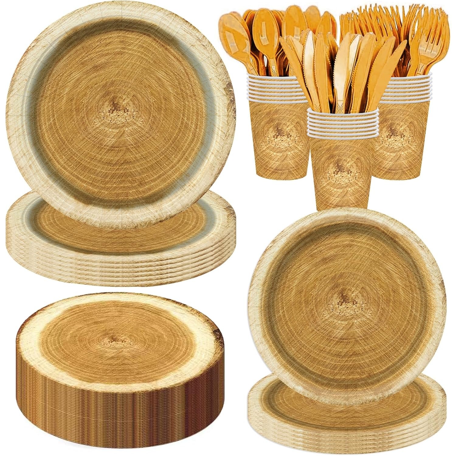 TEMU 140pcs Wood Grain Tableware Plates & Napkins Suitable For 20 Guests - Round Paper Plates With Wood Texture, Rustic Party Supplies For Birthday,