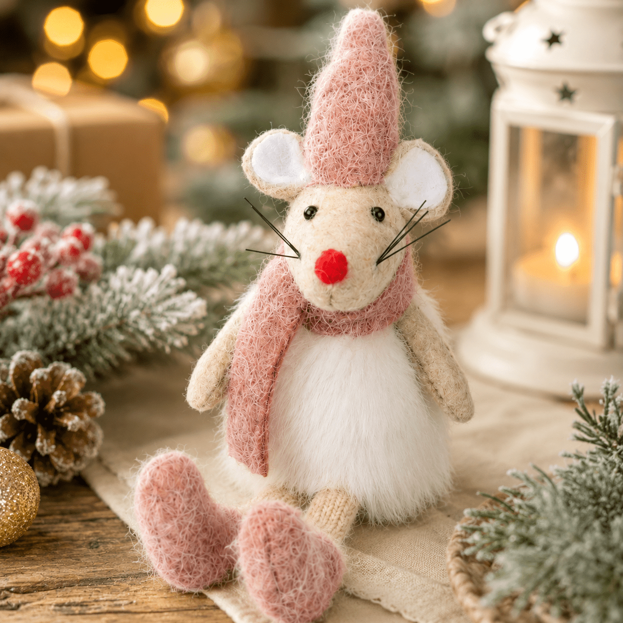 TEMU Christmas Mouse Ornament, Cute Pointy Hat Scarf Little Mouse, Plush Standing Desktop Decoration, Suitable For Living Room, Mantelpiece,