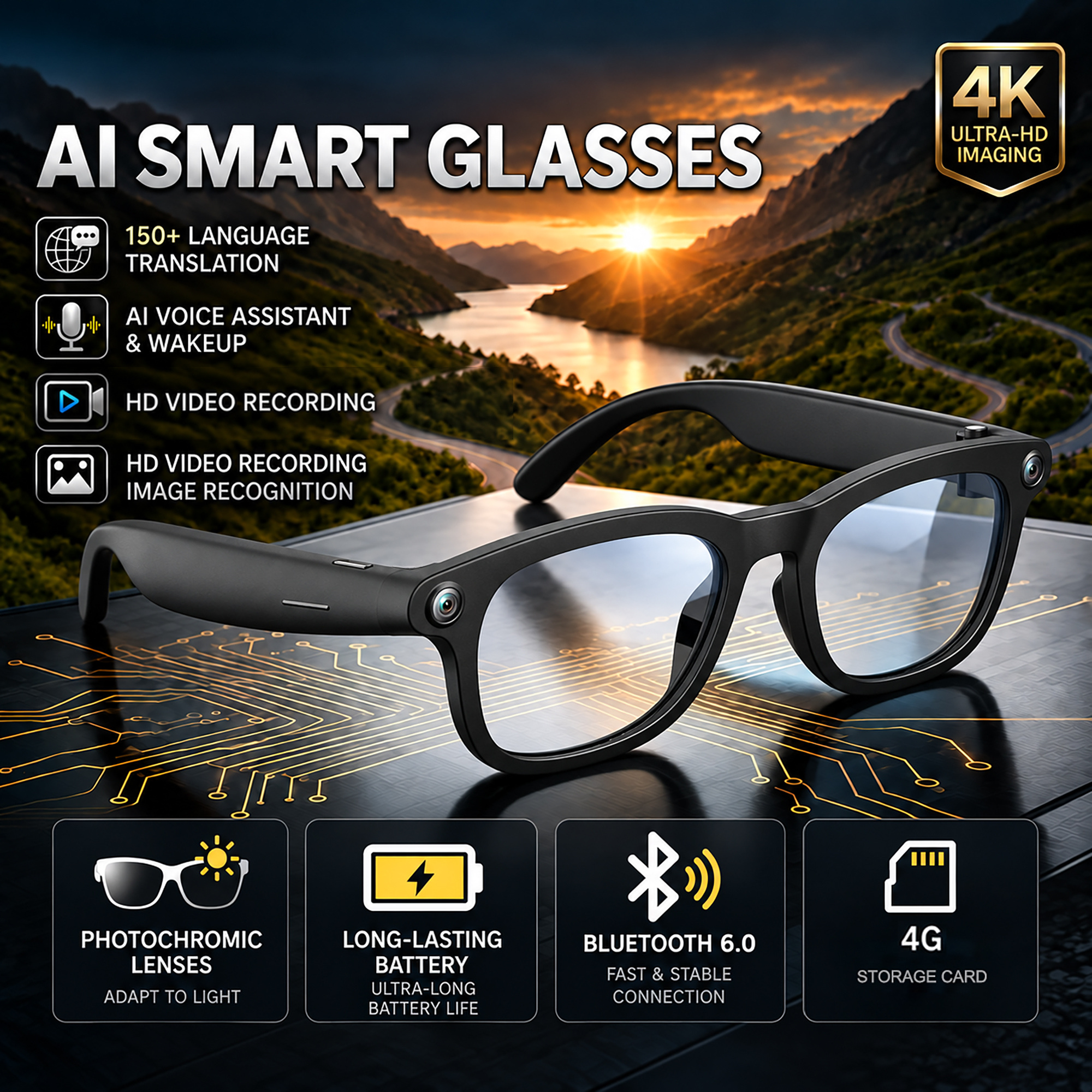 TEMU Ai Smart Glasses Hd Photo Video Recording Ai Object Recognition Real-time Translation Led Fill Light Photochromic Lens Wireless Calls Wifi Photo
