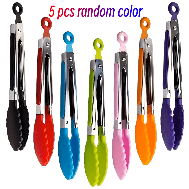 TEMU Random 5-pack 8-inch Kitchen Tongs With Different Colors | Stainless Steel Handle, Nylon , Heat Resistant And , Lockable Design