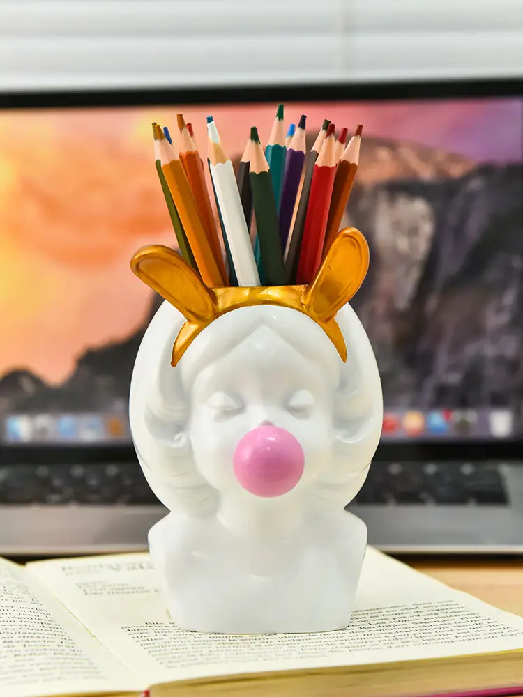 1pc cute bubble blowing girl desk organizer elegant white golden accent pen holder makeup brush storage decorative office home decoration perfect gift for women girls teachers students birthday valentines easter present for desk or vanity office desk accessories student stationery holder whimsical design quality student supplies decor handcrafted figurine decorative holder teacher Product details 1