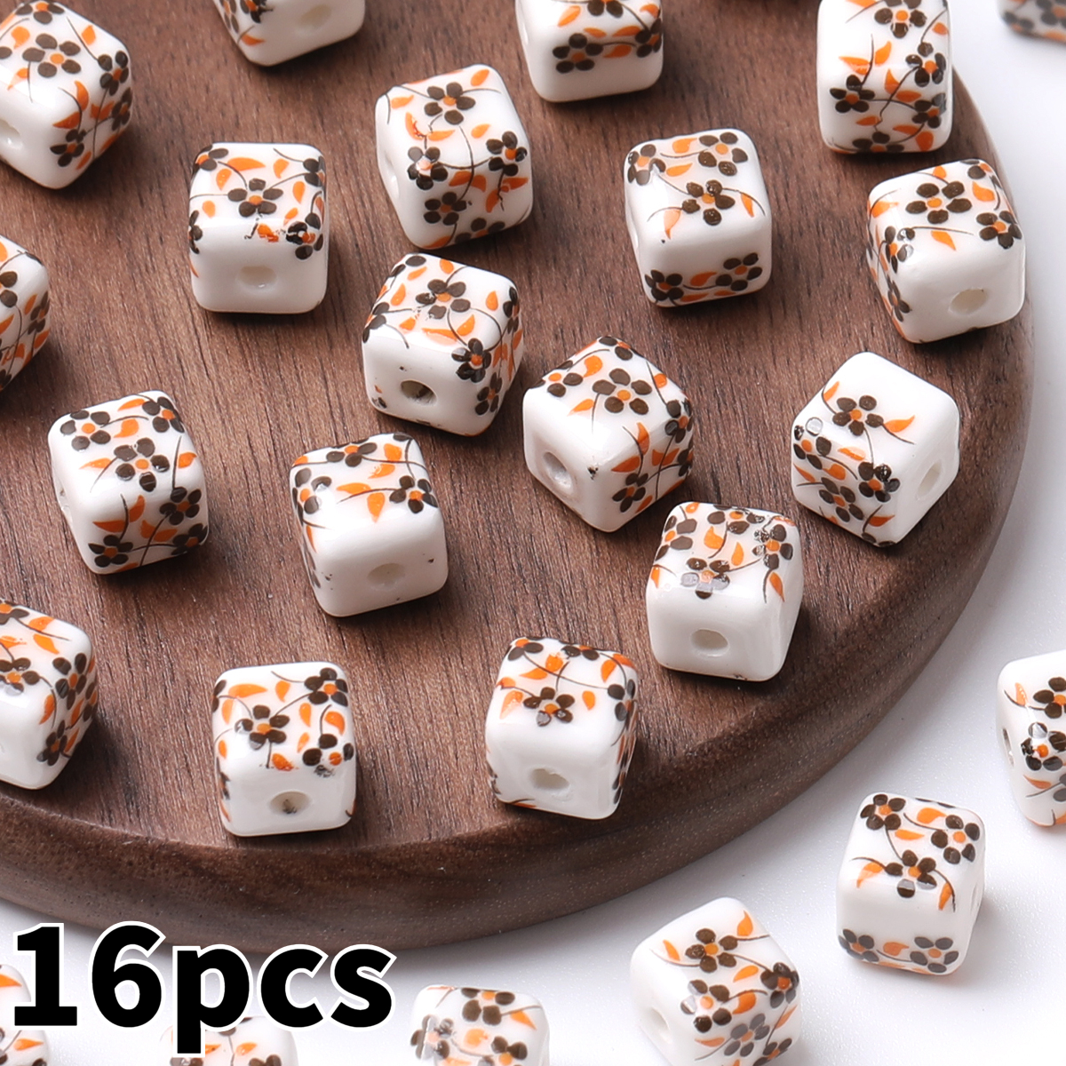 8pcs/16pcs Cube Printed Flowers Glazed Square Ceramic Beads for DIY Jewellery