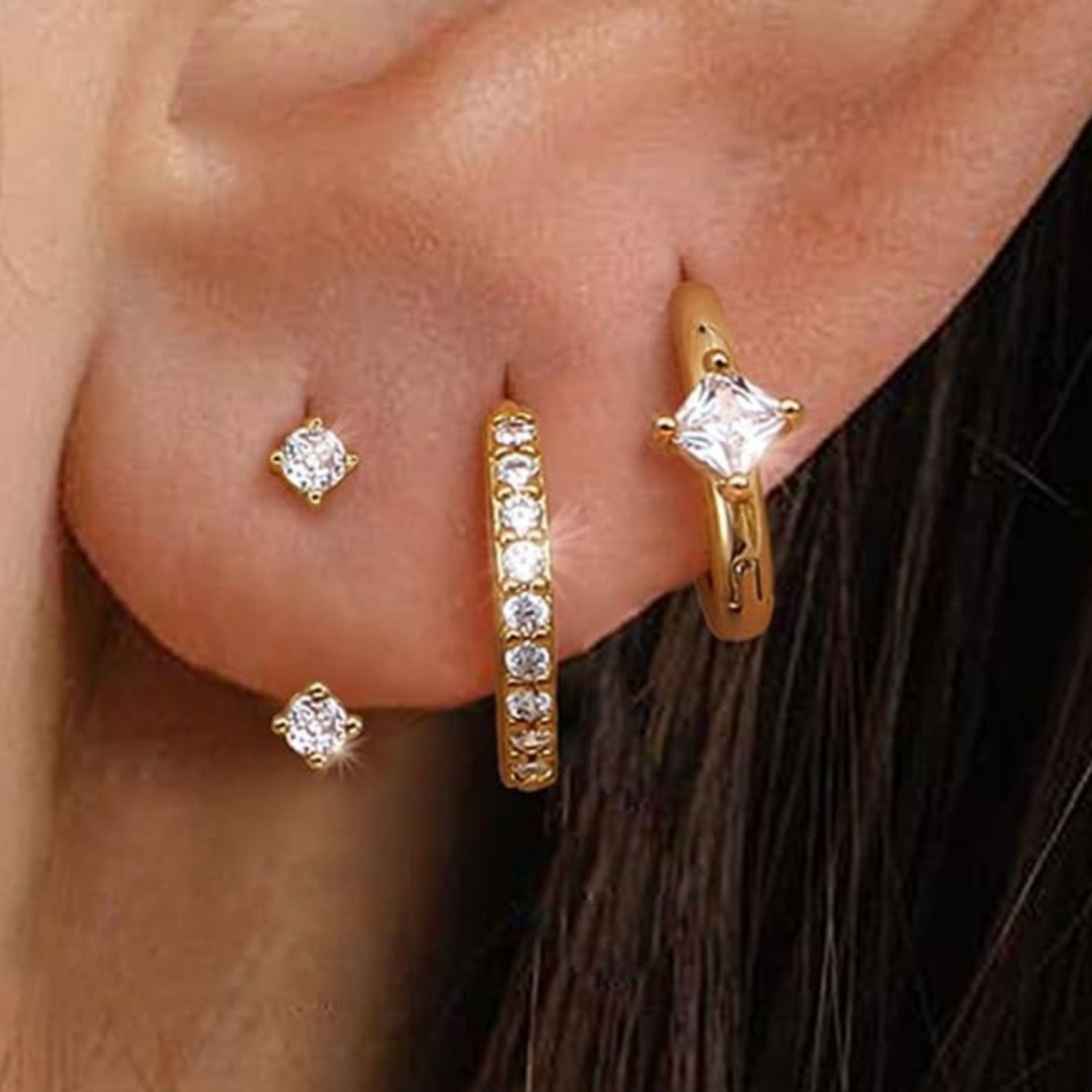 Image of 3 Pairs 925 Sterling Earrings For Women, 14k Golden Plated Small Huggie Hoop Earrings Sets For Multiple Piercing, Cz Cartilage Earrings Trendy Earrings For Sensitive Ears Hypoallergenic Jewelry Gifts