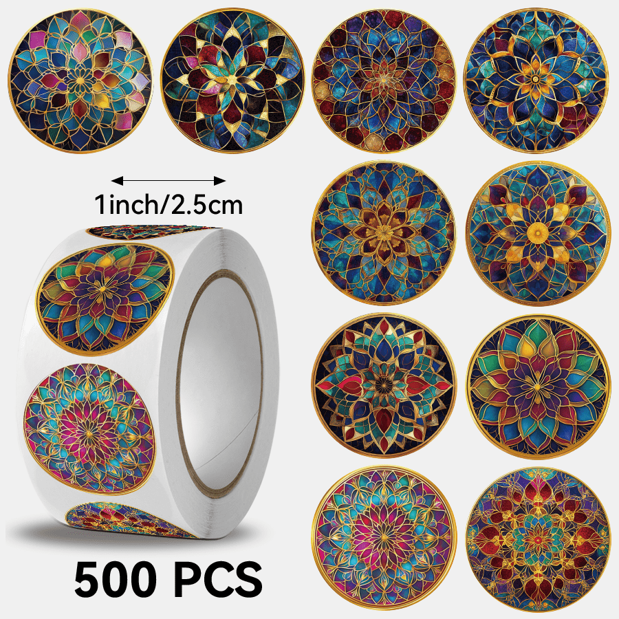 Image of Mandala Stickers, Round Sticker Roll, Vintage Floral Labels, 2.5cm Circle Stickers, Wedding Favor Seals, Journaling Supplies, Yoga Decor, Bohemian Style Decals, Craft Stickers, Bulk Pack 500pcs